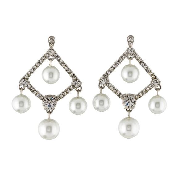 Kenneth Jay Lane White Pearl Crystal Silver Tone Chandelier Clip Earrings New - Picture 2 of 14